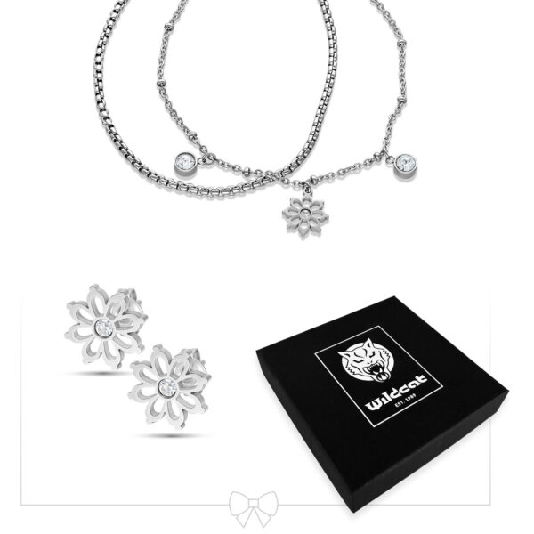 Collar y pendientes Floralis plateados frente a caja Wildcat negra