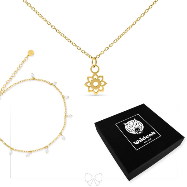 Collar dorado con colgante de flores y pulsera de perlas, embalaje negro de Wildcat