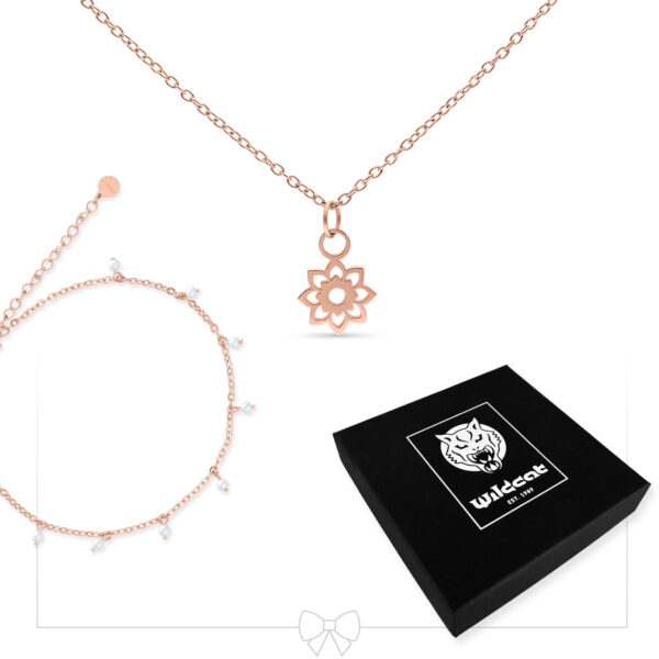 Collar de oro rosa con colgante de flores, tobillera con perlas y caja de regalo Wildcat