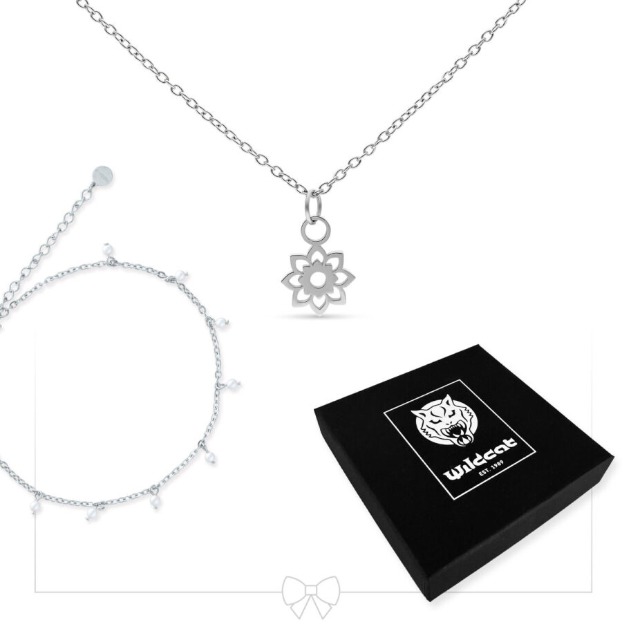 Collar de plata con colgante de flor y pulsera de perlas, caja negra