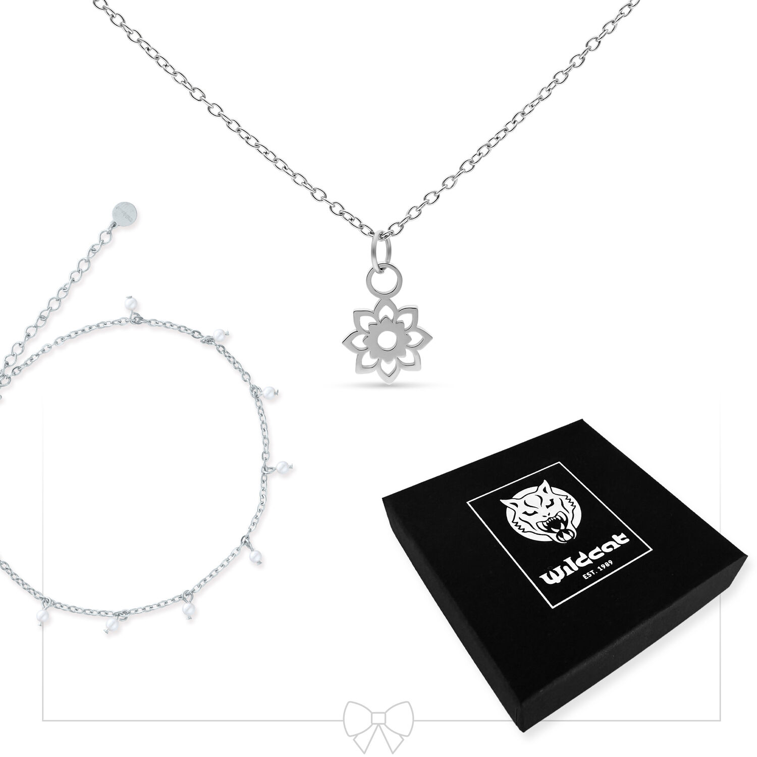 Collar de plata con colgante de flor y pulsera de perlas, caja negra