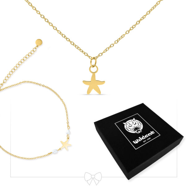 Collar y pulsera dorados con colgante de estrella de mar, caja Wildcat