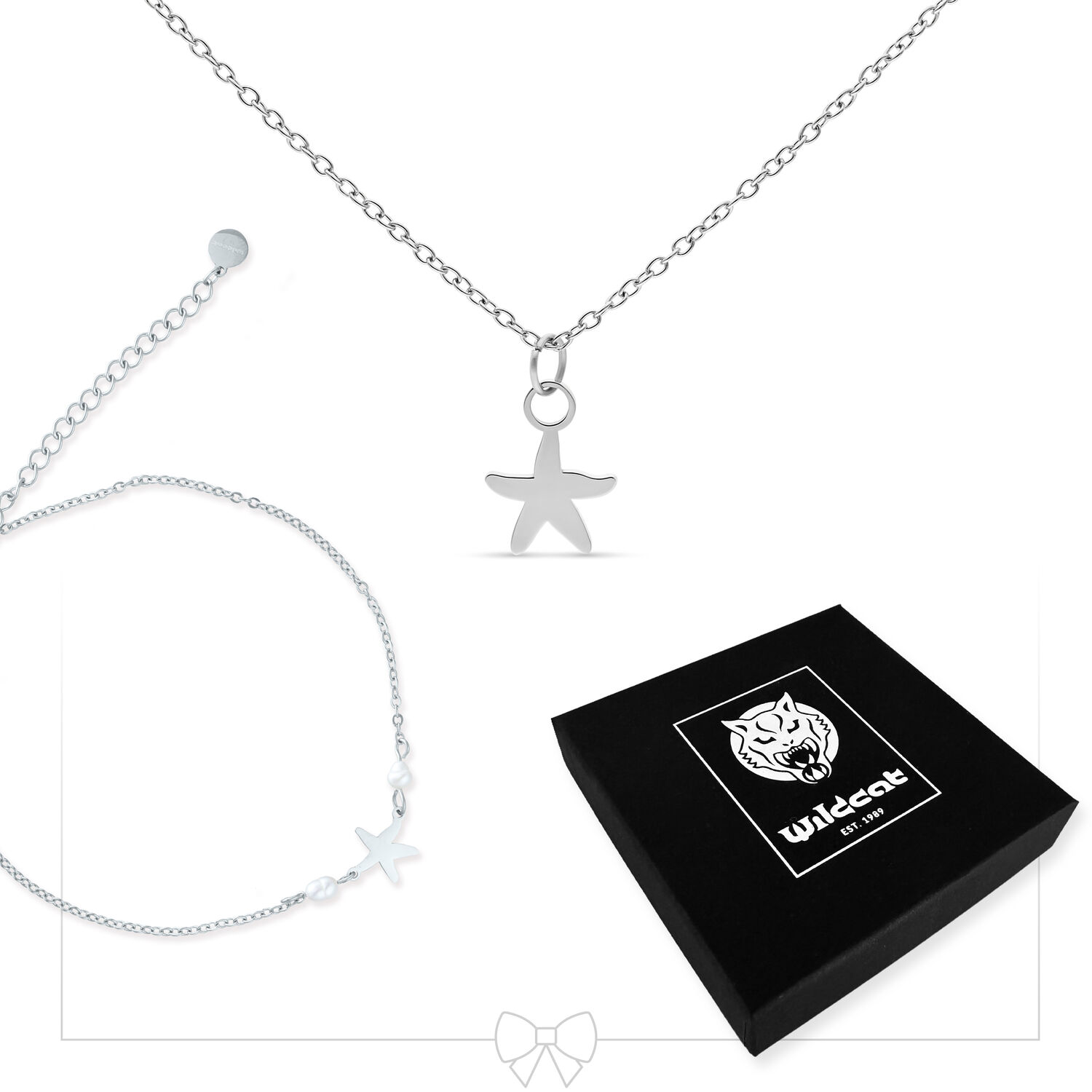 Juego de collar y tobillera de estrella de mar en plata con caja negra de Wildcat