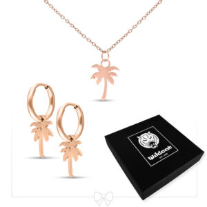 Collar y pendientes de oro rosa con colgantes de palmeras, estuche negro Wildcat