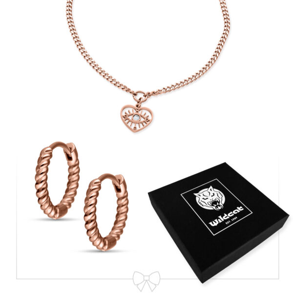 Collar en oro rosa con colgante de corazón y aros a juego, caja Wildcat