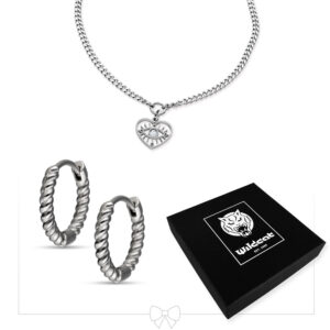 Pulsera de plata con colgante de corazón y un par de aros retorcidos, embalaje negro de Wildcat