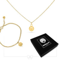 Collar dorado con colgante de Smiley y pulsera a juego, caja de joyas negra de Wildcat