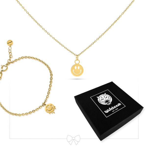 Collar dorado con colgante de Smiley y pulsera a juego, caja de joyas negra de Wildcat