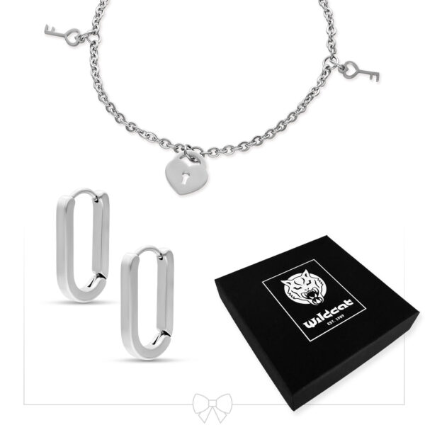 Pulsera de plata con llaveros y candado en forma de corazón, pendientes de plata y caja negra Wildcat