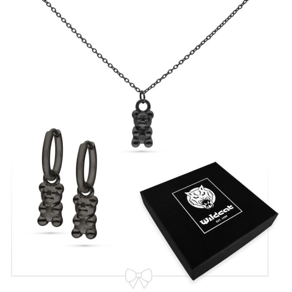 Collar y pendientes de osito de goma negro de acero quirúrgico con caja Wildcat