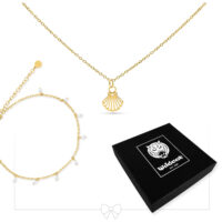 Conjunto de collar y tobillera de conchas doradas Conjunto de collar dorado con colgante de concha y perlas, caja negra de Wildcat