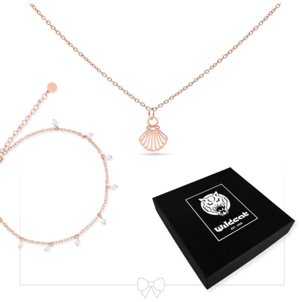 Collar de oro rosa con colgante de concha y tobillera a juego, caja de joyas Wildcat negra