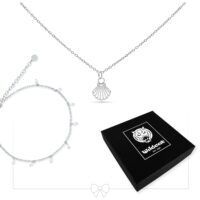 Collar plateado con colgante de concha y tobillera a juego, caja negra