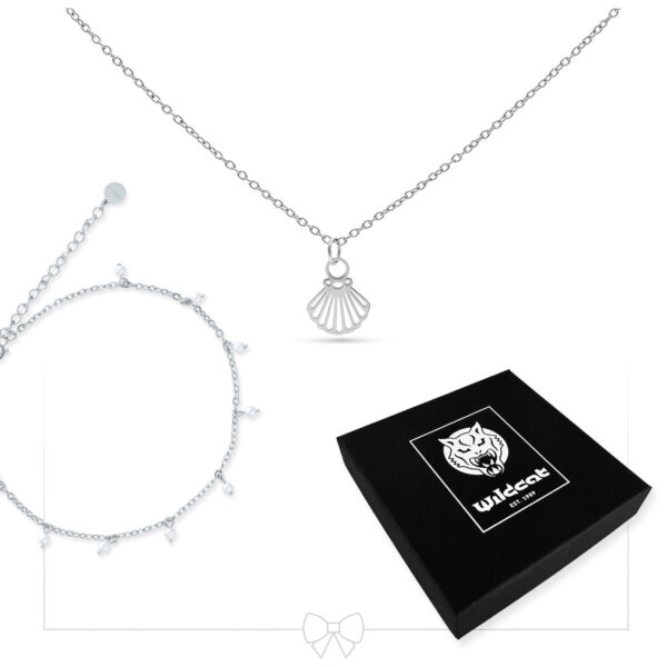 Collar plateado con colgante de concha y tobillera a juego, caja negra