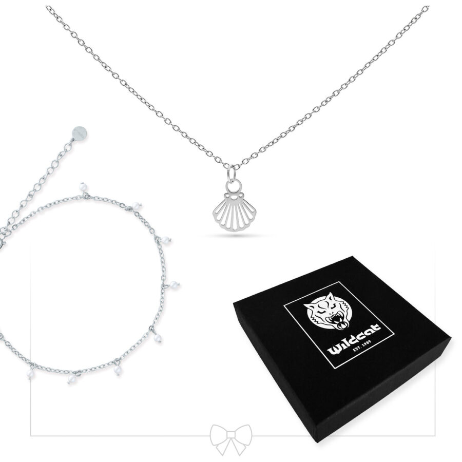 Collar plateado con colgante de concha y tobillera a juego, caja negra