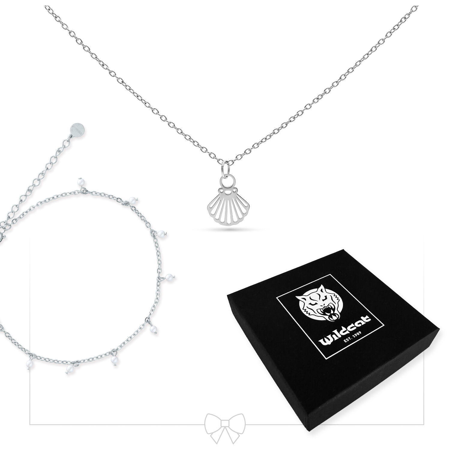 Collar plateado con colgante de concha y tobillera a juego, caja negra