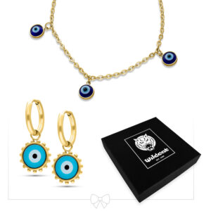 Collar dorado con ojos Nazar y aros a juego, caja negra