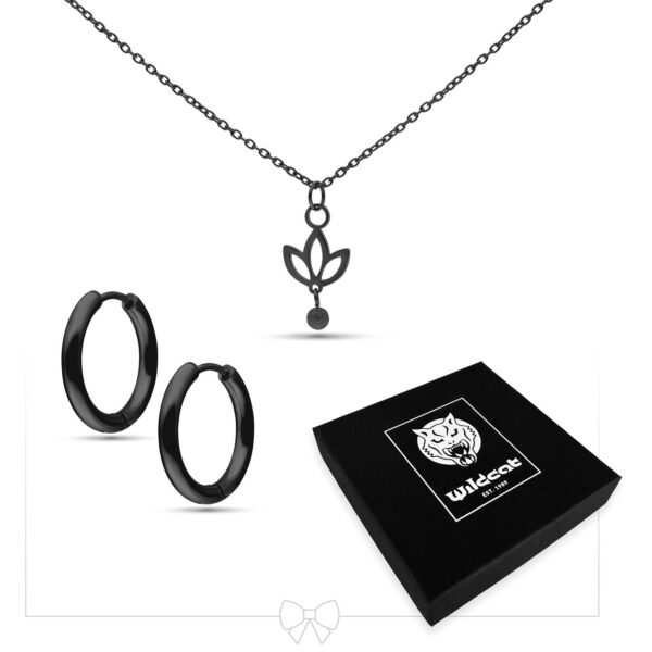 Collar negro con colgante de lirio y aros, caja de joyas Wildcat
