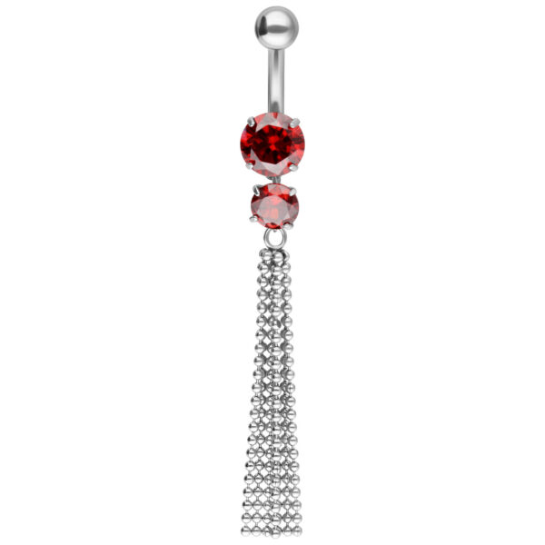 Banana de plata con dos cristales rojos y cadenas colgantes