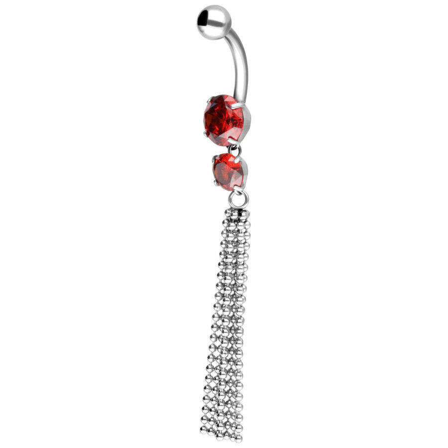 Banana bell de plata con cristales rojos y colgante de cadena sobre fondo blanco