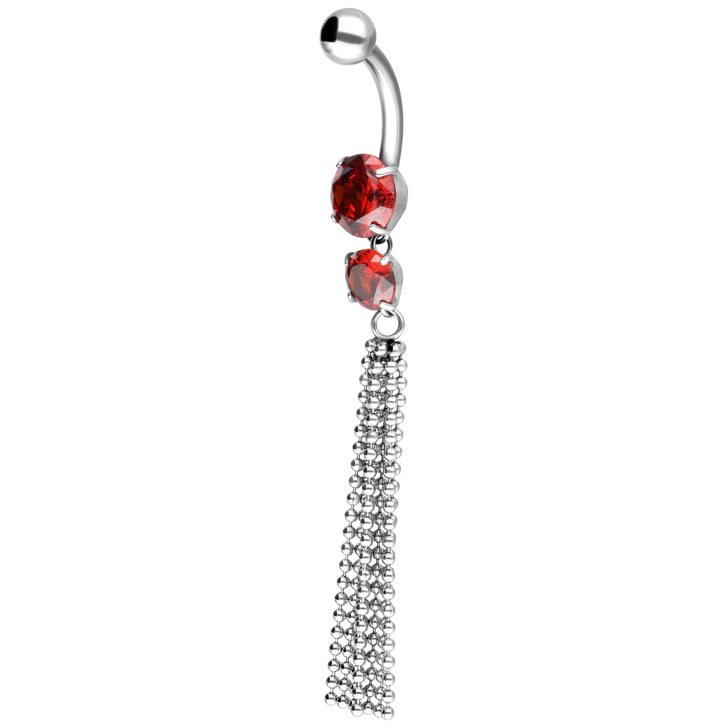 Banana bell de plata con cristales rojos y colgante de cadena sobre fondo blanco