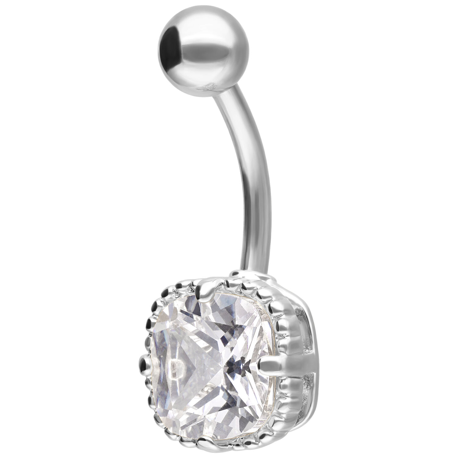 Banana Bell de plata con cristal cuadrado Banana Bell de plata con gran cristal cuadrado sobre fondo blanco