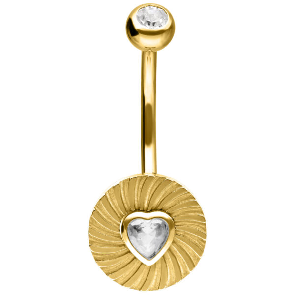 Banana bell dorado con cristal en forma de corazón y redondo sobre fondo blanco