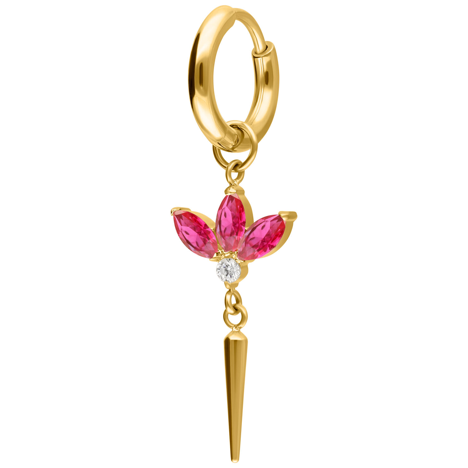 Pendientes dorados con cristal rojo Pendiente dorado con colgante de cristal rojo y punta sobre fondo blanco