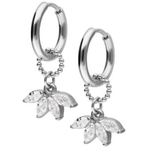 Aros de plata con colgante de cristal en forma de hoja, sobre fondo blanco