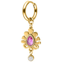 Pendiente dorado con colgante de cristal rosa Pendiente dorado con cristal rosa en forma de gota y bola de cristal clara