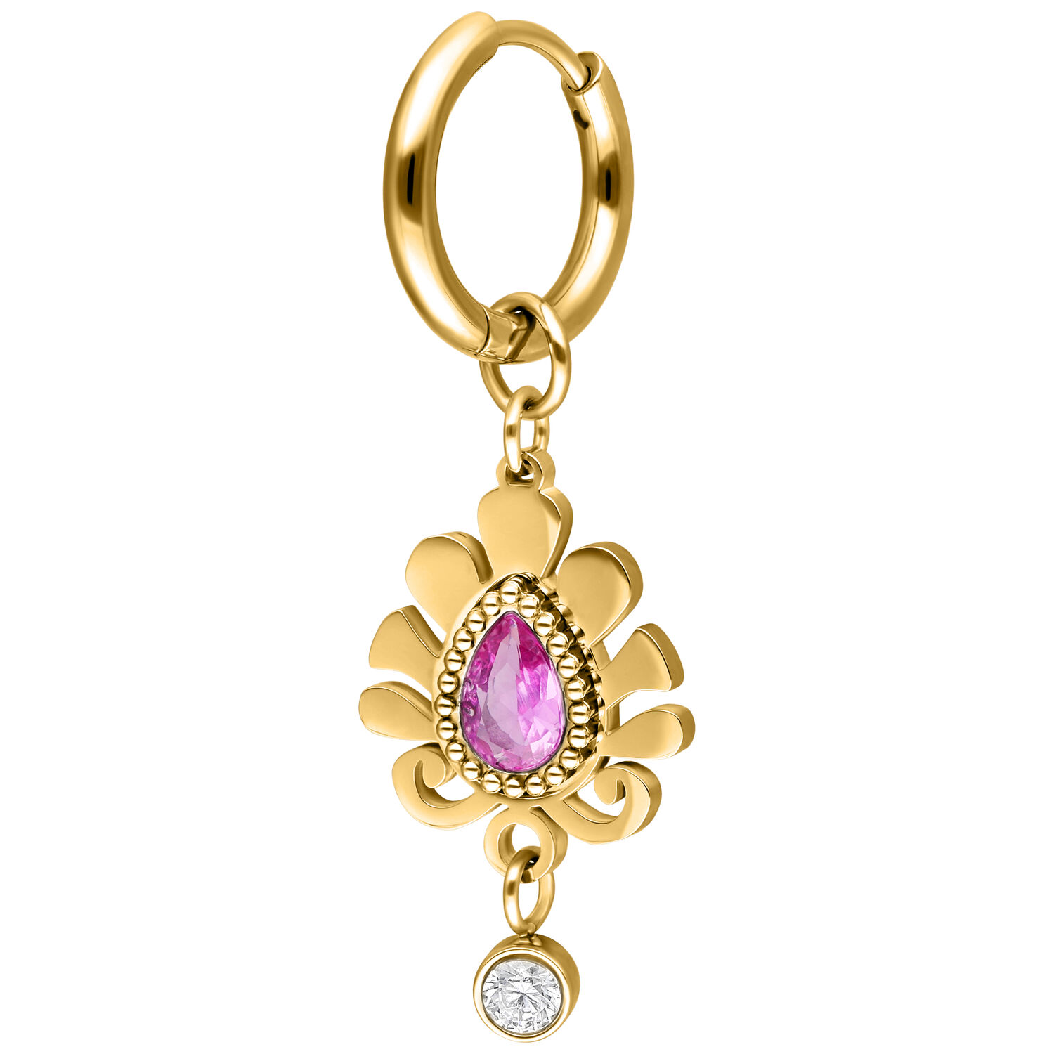 Pendiente dorado con colgante de cristal rosa Pendiente dorado con cristal rosa en forma de gota y bola de cristal clara