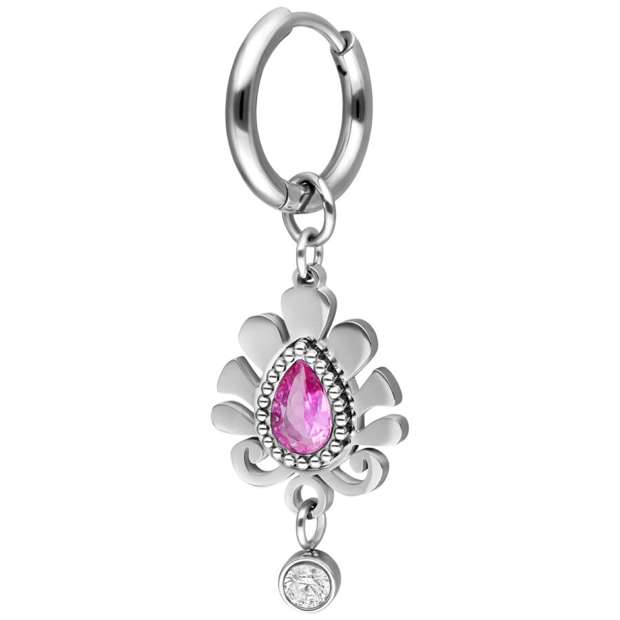 Aro de plata con colgante de cristal rosa en forma de gota y cristal redondo claro sobre fondo blanco