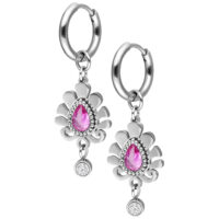 Pendientes plateados con piedra rosa en forma de gota y colgante de cristal claro