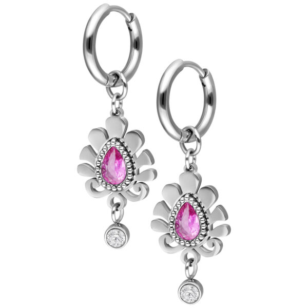 Pendientes plateados con piedra rosa en forma de gota y colgante de cristal claro