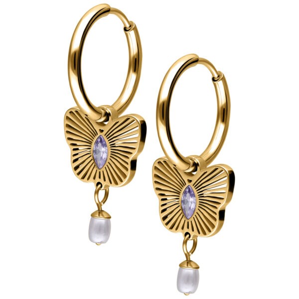 Pendientes dorados con colgante de mariposa, cristal lila y perla