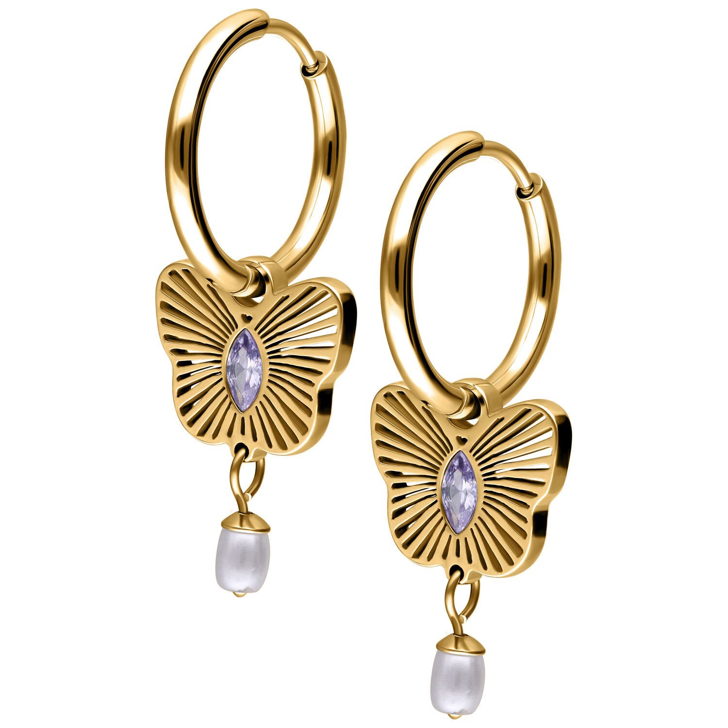 Pendientes dorados con diseño de mariposa Pendientes dorados con colgante de mariposa, cristal lila y perla