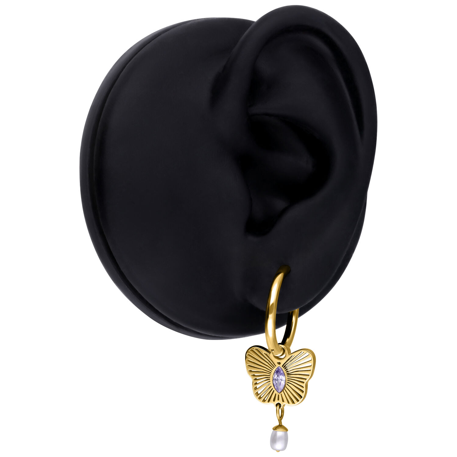 Pendientes dorados con mariposa y perla Pendiente dorado con colgante de mariposa y perla en un modelo de oreja negra