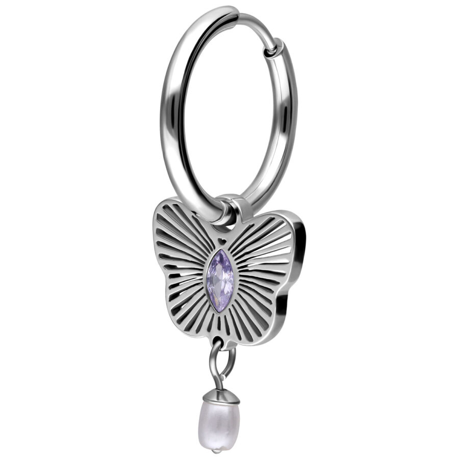 Pendiente de plata con colgante de mariposa y cristal lila, perla colgante
