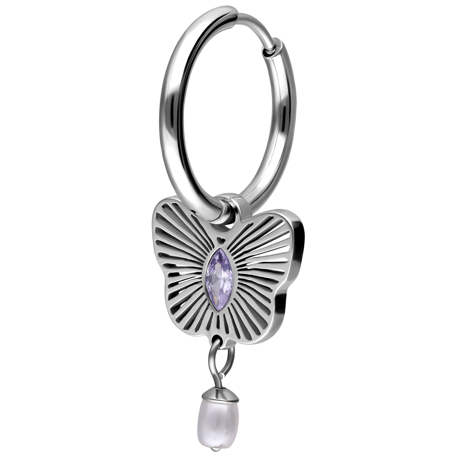 Pendiente de plata con colgante de mariposa y cristal lila, perla colgante