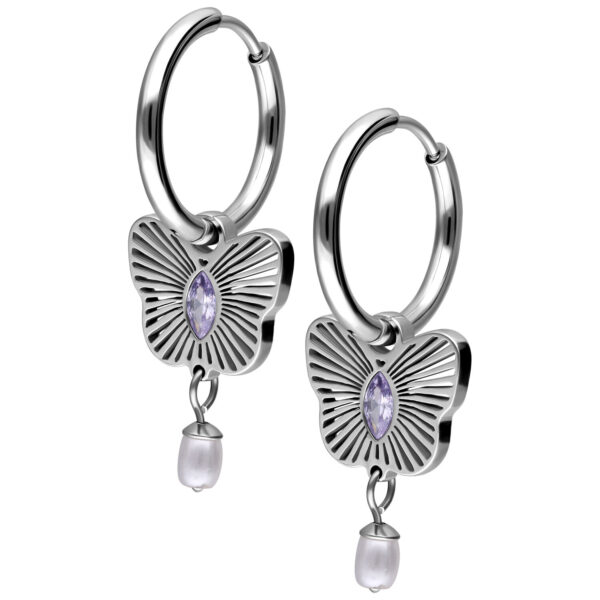 Dos aros de plata con colgante de mariposa y cristal lavanda, perla colgante