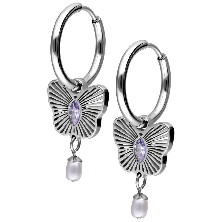 Dos aros de plata con colgante de mariposa y cristal lavanda, perla colgante