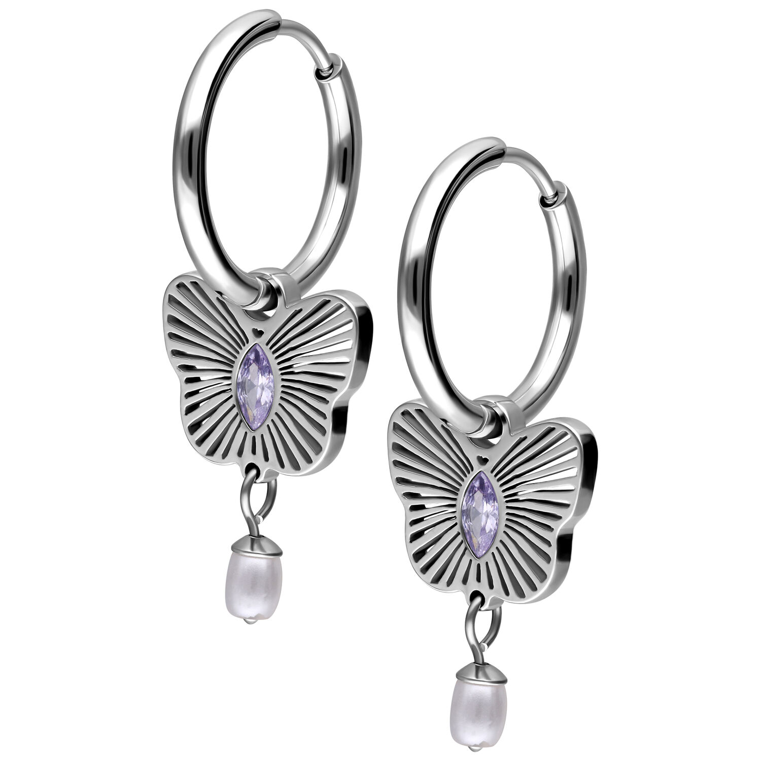 Dos aros de plata con colgante de mariposa y cristal lavanda, perla colgante