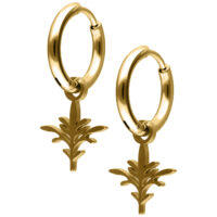 Mini Aros Branch Dorados Dos aros dorados con un pequeño colgante de rama sobre fondo blanco