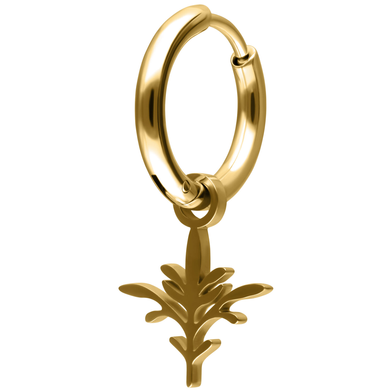 Aros Mini Branch Dorados Aro dorado con un colgante en forma de árbol sobre fondo blanco