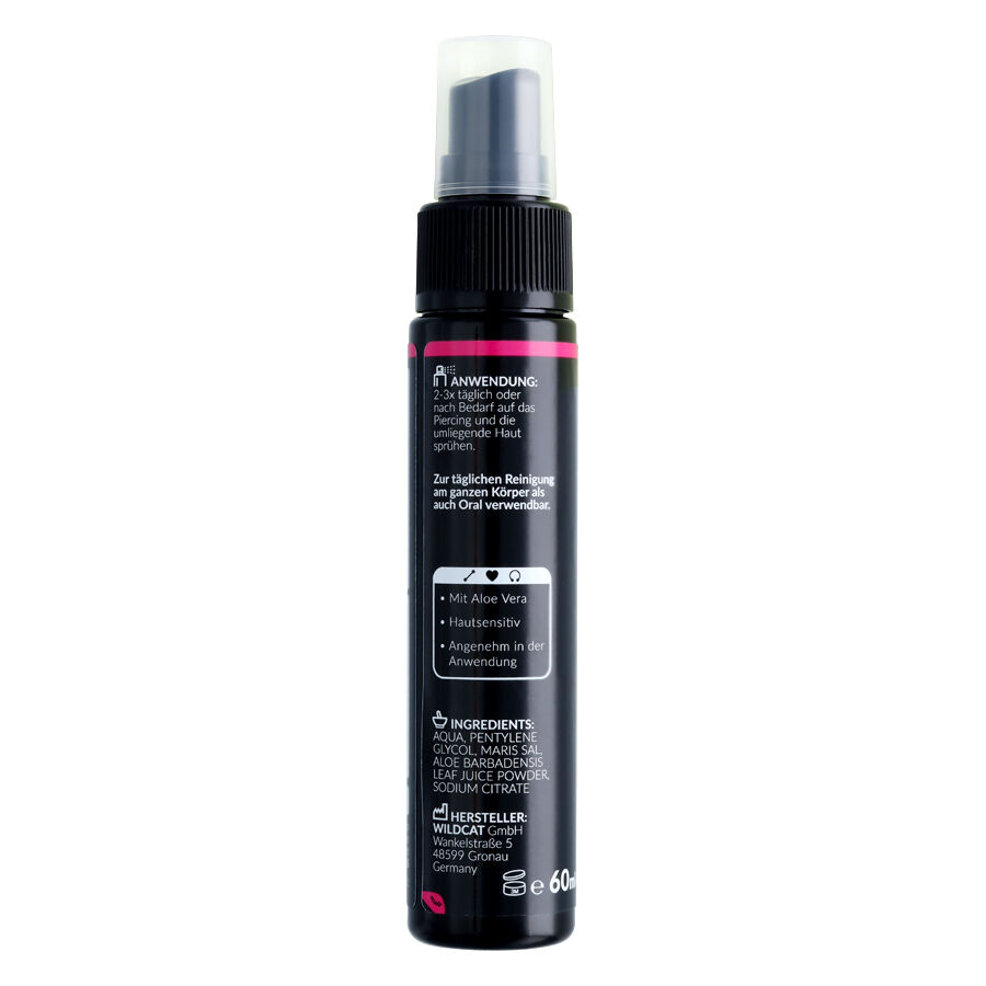 Spray para piercings 60ml con Aloe Vera Botella negra de spray con 60ml de spray para piercings, detalle rojo
