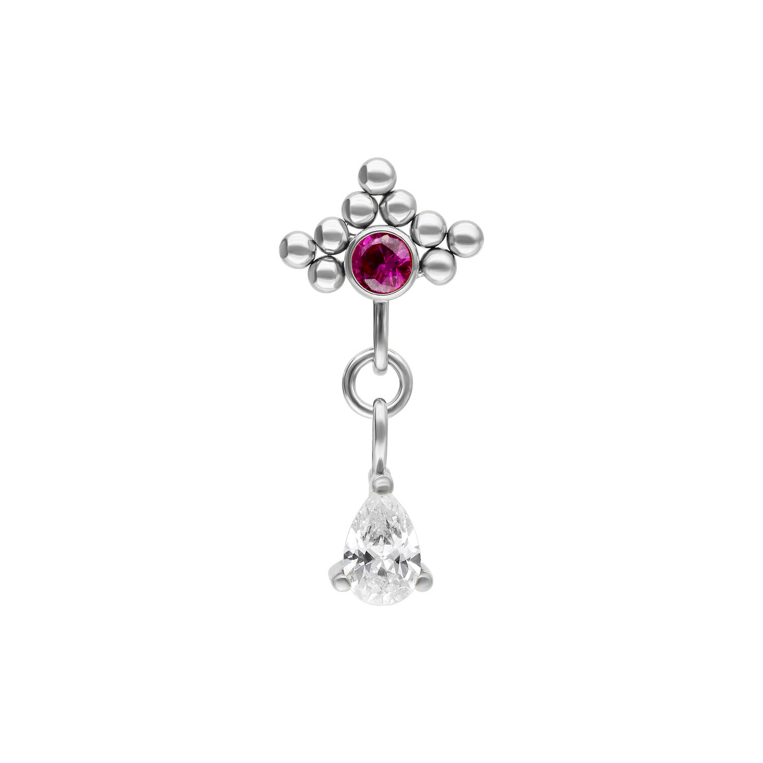 Accesorio de piercing plateado con cristal rojo y colgante ovalado sobre fondo blanco.