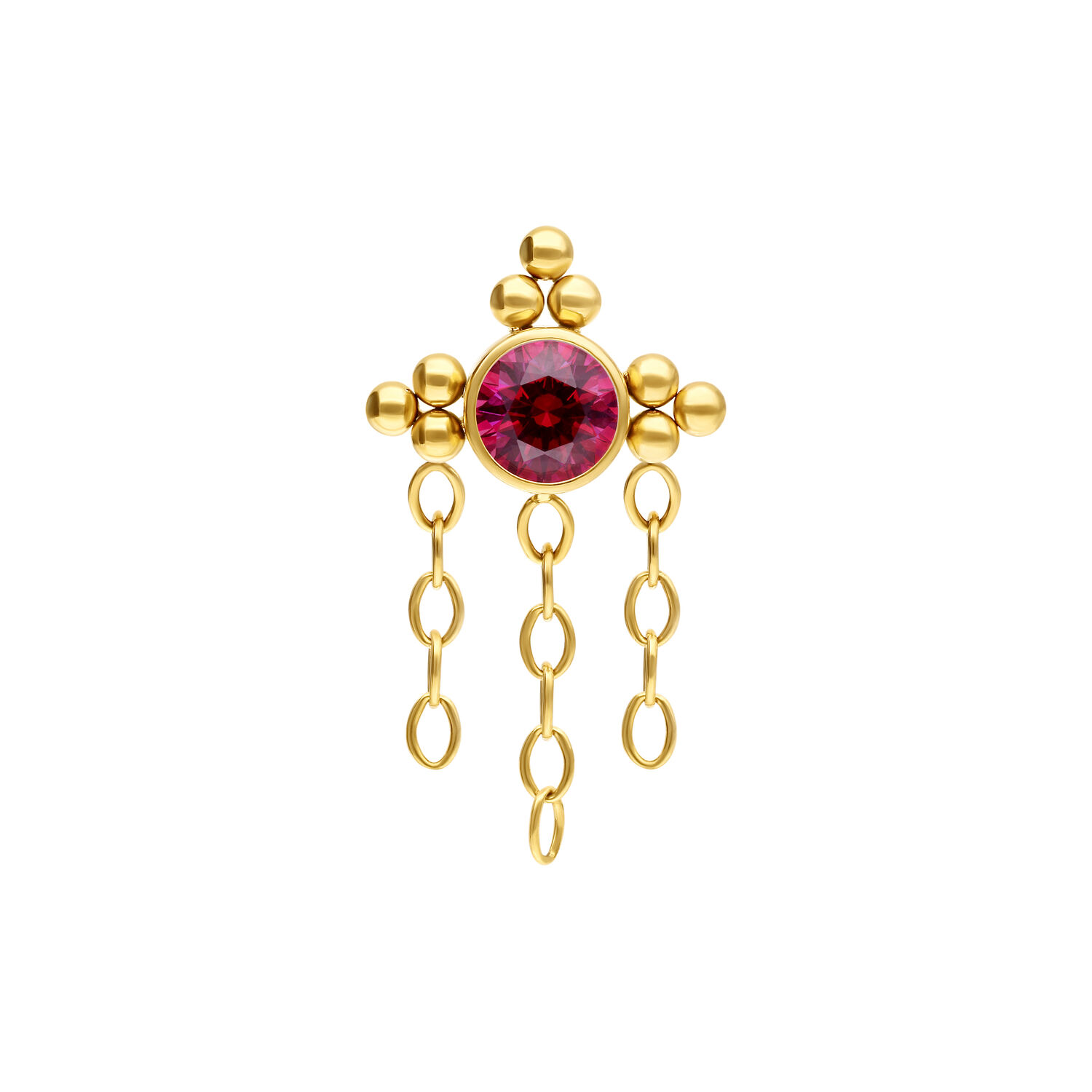 Accesorio de piercing dorado con cristal rojo y cadenas sobre fondo blanco