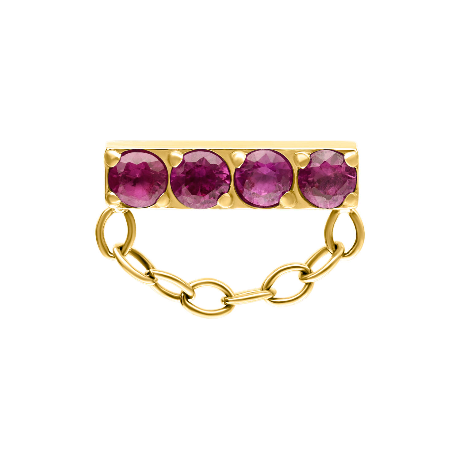 Ajuste Push de Oro con Rubíes Ajuste de oro con cuatro rubíes rojos y diseño de cadena sobre fondo blanco