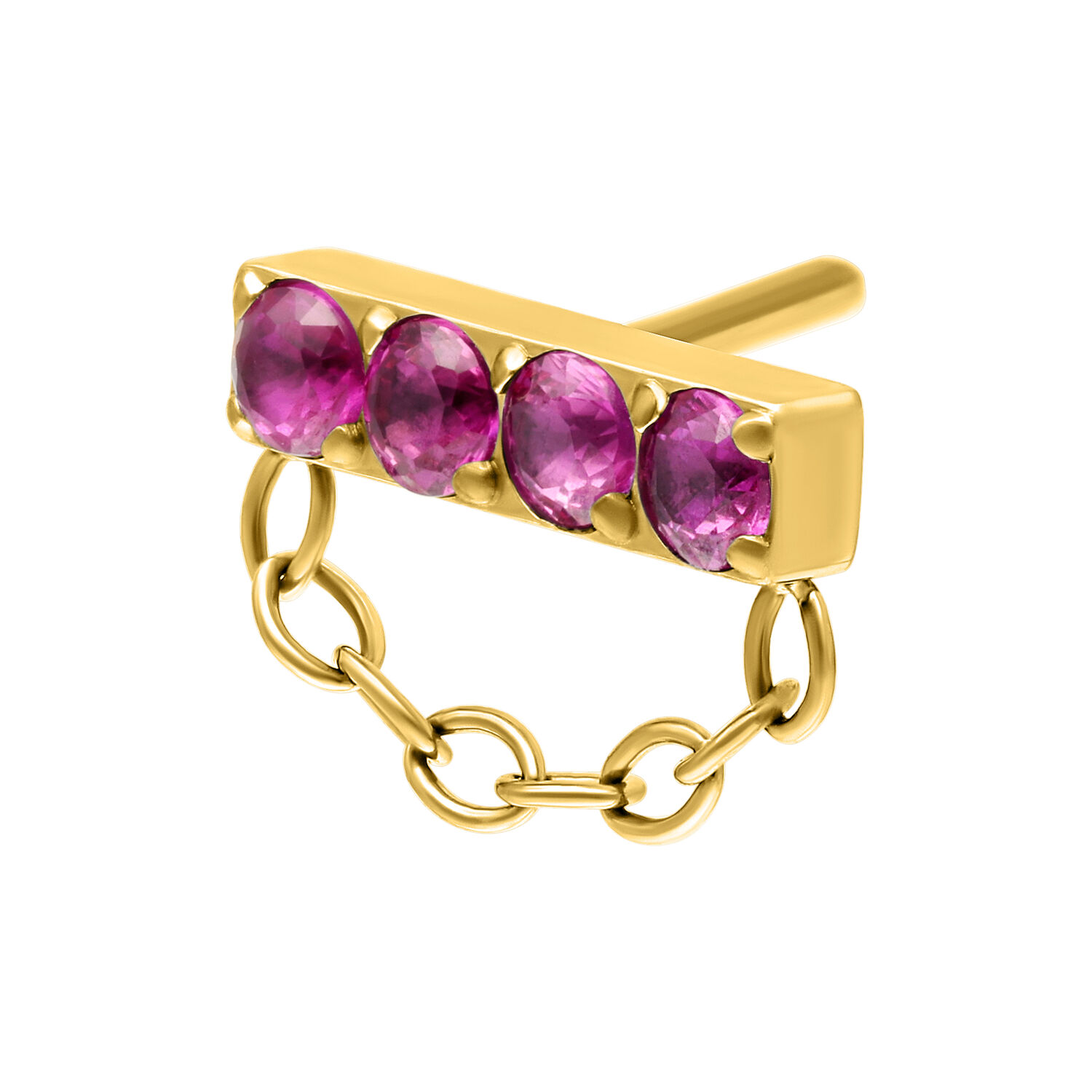 Ajuste de Cadena de Rubí Dorado Push Fit Ajuste de barra dorado con cuatro rubíes rojos y una pequeña cadena