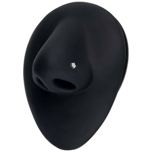 Accesorio de cristal plateado en modelo de nariz negro sobre fondo blanco